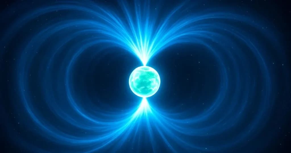 Magnetar illustration: a dense neutron star with an extreme magnetic field and cosmic flare.