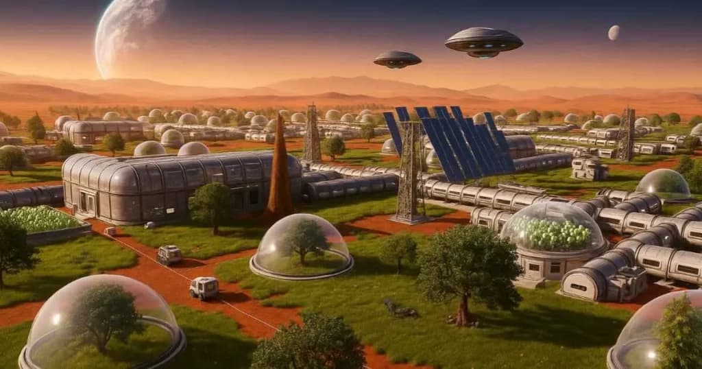 Why Colonize Mars Instead of Other Planets – Futuristic Mars Colony Futuristic Mars colony with domes, solar panels, and habitats, illustrating why colonize Mars instead of other planets.