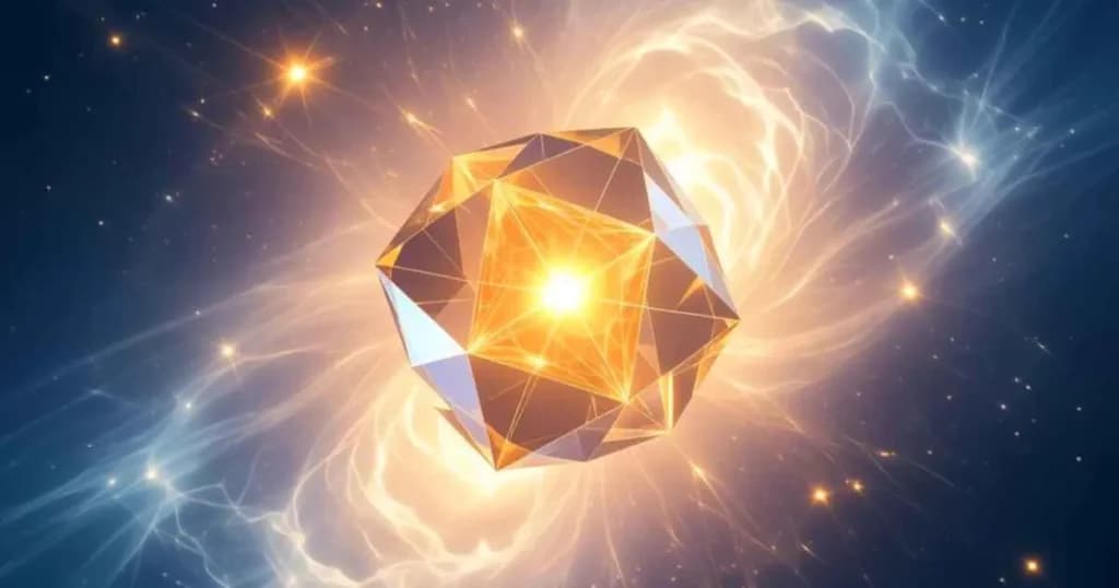 Time Crystal Behavior in Neutron Stars A digital illustration of a glowing, multifaceted crystal floating in deep space depicting time crystal behavior in Neutron Star.