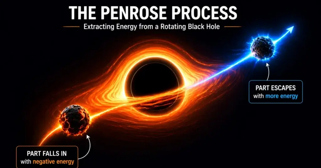 Penrose Process: Extracting Energy from a Rotating Black Hole Penrose Process illustration showing energy extraction from a rotating black hole